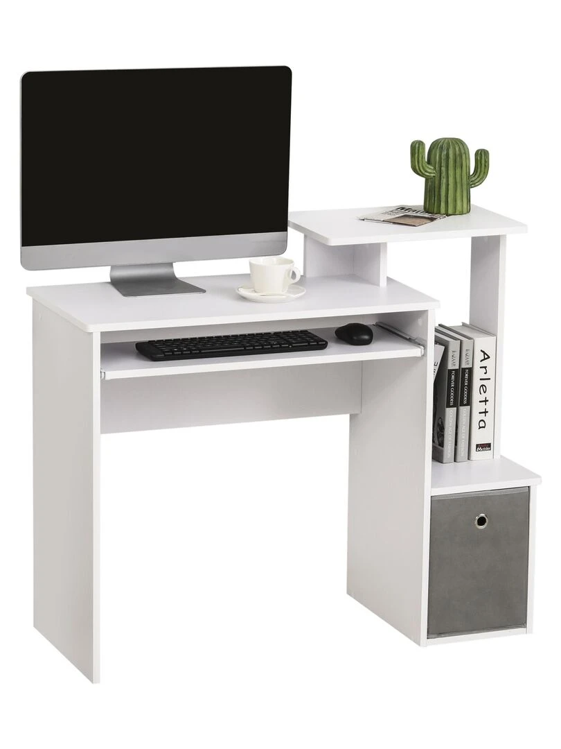 Bureau informatique étagères tablette clavier panier panneaux particules Blanc