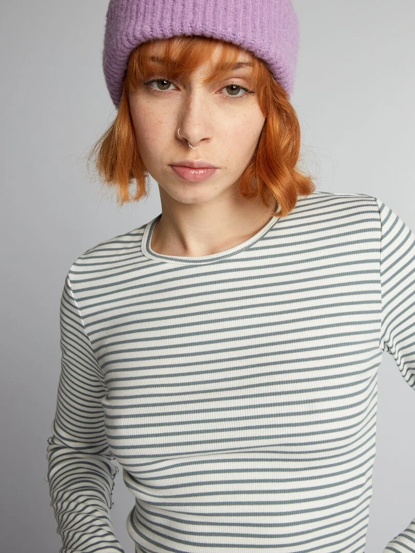 Crop top côtelé à rayures   Gris/blanc