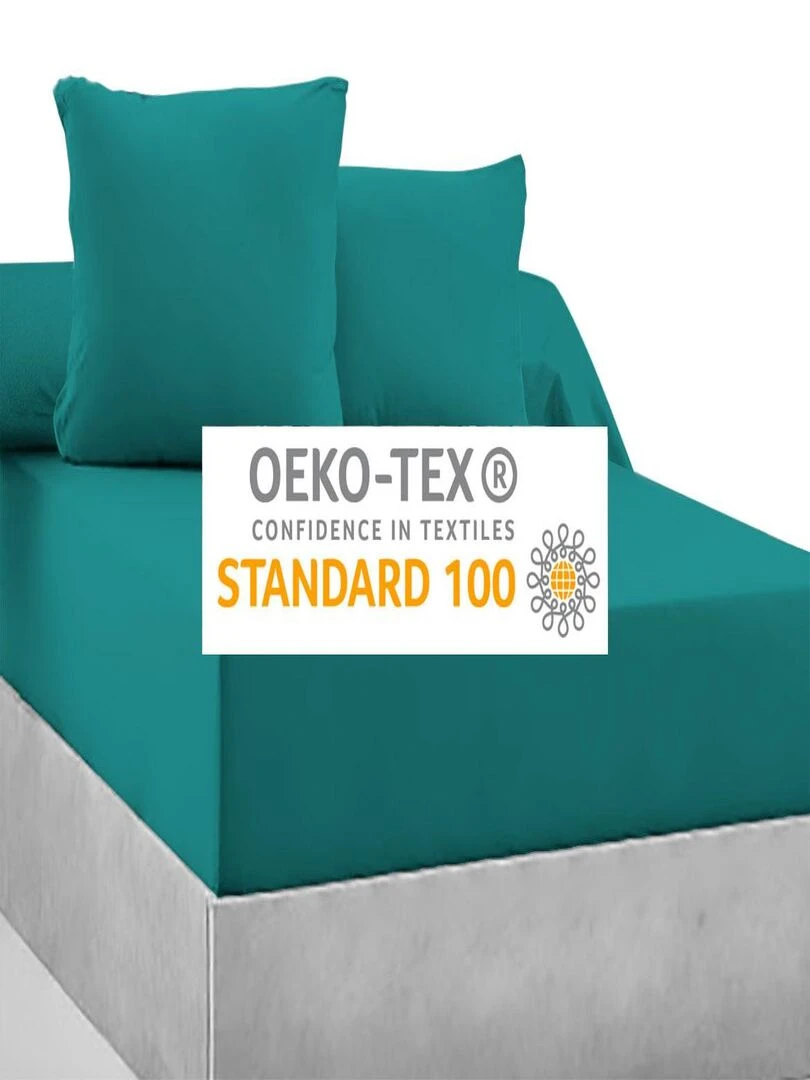 Drap housse 100% Coton 57 Fils Vert Turquoise   160 x 200 cm   Bonnet 30 cm   Bleu Vert