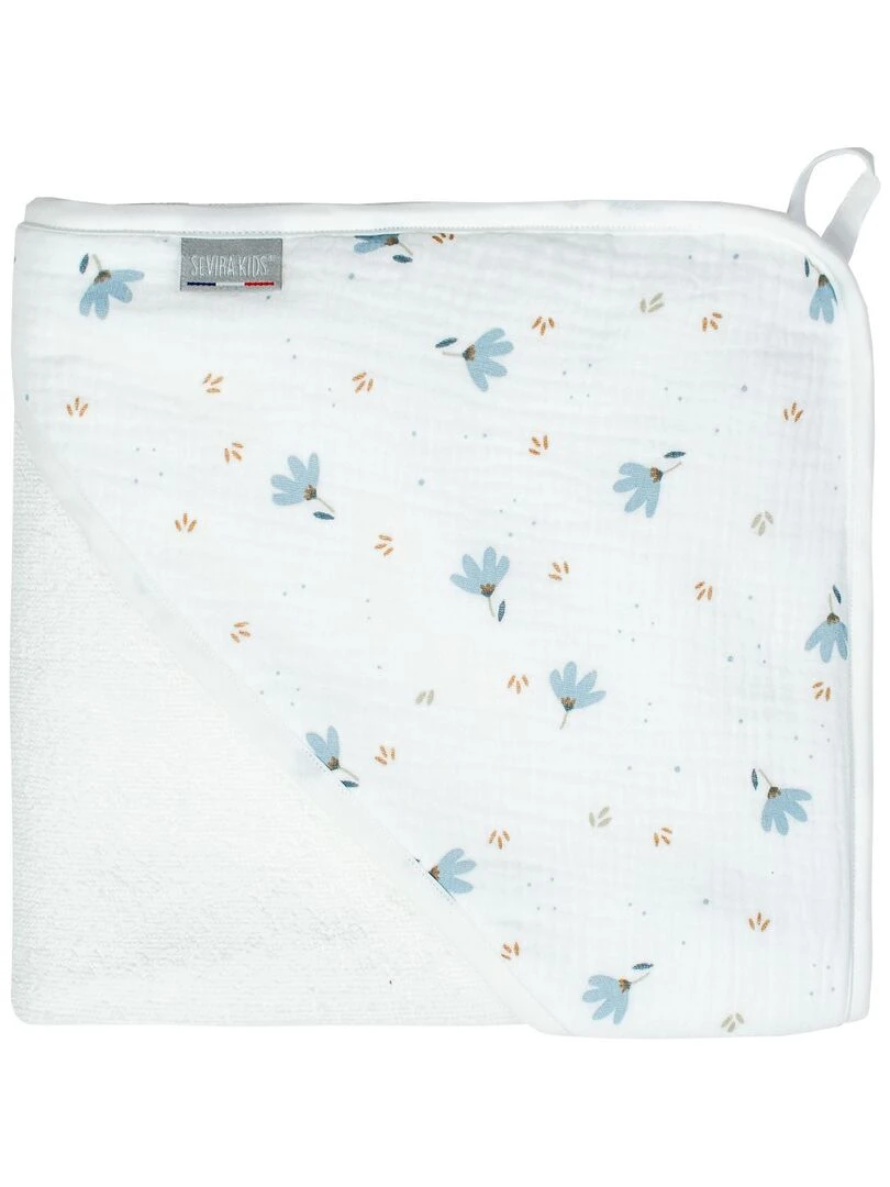 Ma première cape de bain en gaze de coton et bambou Bleuet Blanc