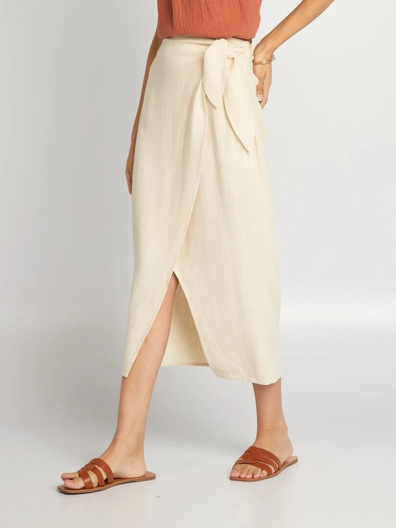 Jupe portefeuille en lin mélangé   Beige