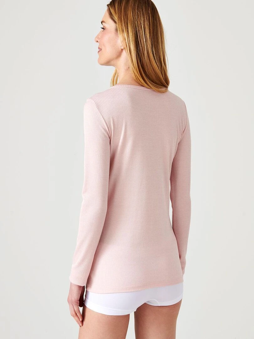 T shirt col rond maille côtelée Thermolactyl   Damart   Rose