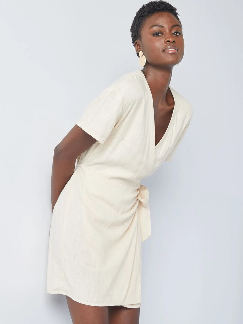 Robe courte wrap en lin mélangé   Beige