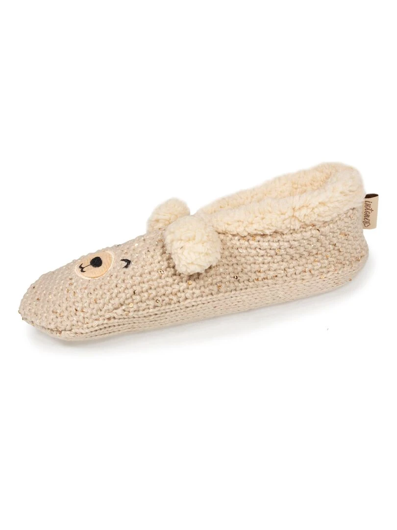 Chaussettes chaussons Femme Sequins Ours Beige