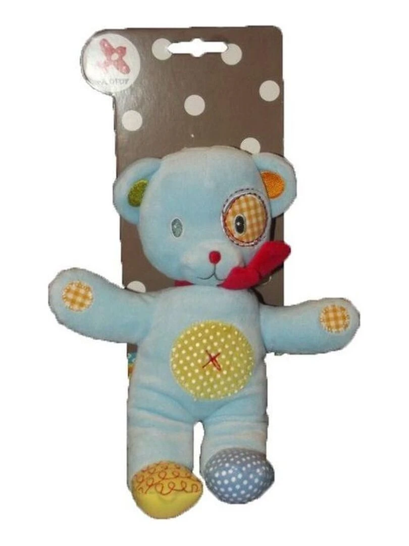 Doudou Nicotoy Ours Bleu rond vert pois blanc echarpe rouge Pantin Bleu