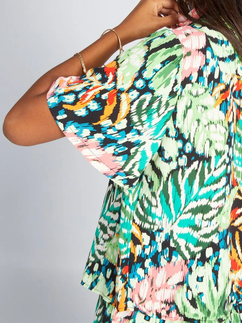 Chemisier col pyjama et imprimé tropical   Vert tropical