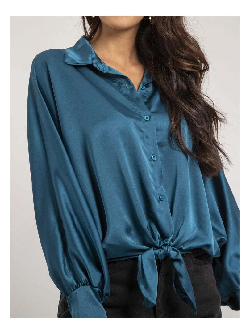 Chemise satin à nouer OBANA   Bleu canard