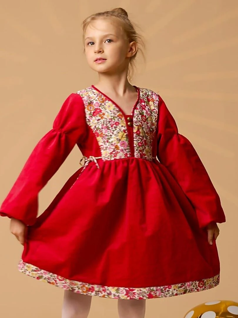 Robe de Noël Fille Velours Rouge Fleuri Liberty Rouge MARGOT 'LA FAUTE A VOLTAIRE' Rouge