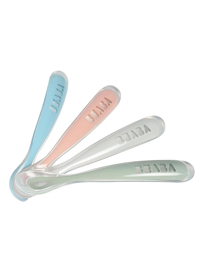 Lot de 4 cuillères en silicone 1er âge bleu rose et gris Bleu