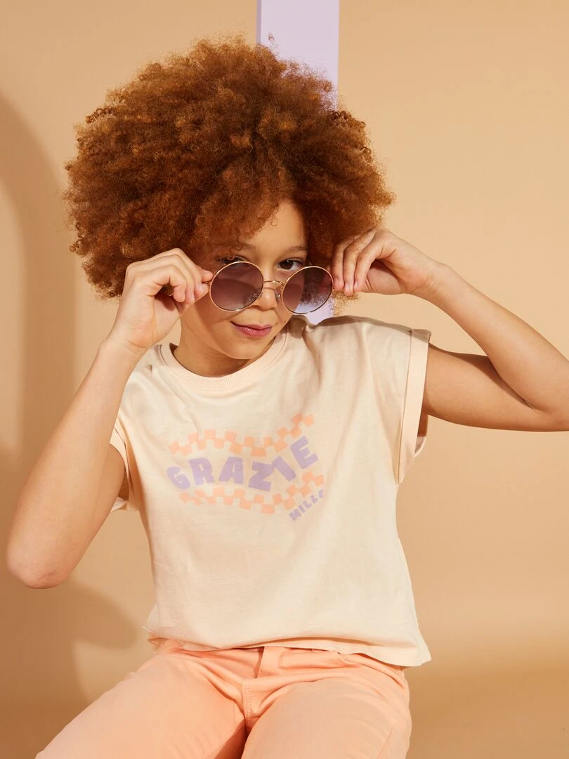 T shirt en jersey avec revers de manches Beige
