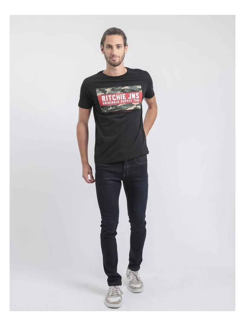 T shirt col rond pur coton JARDIN   Noir