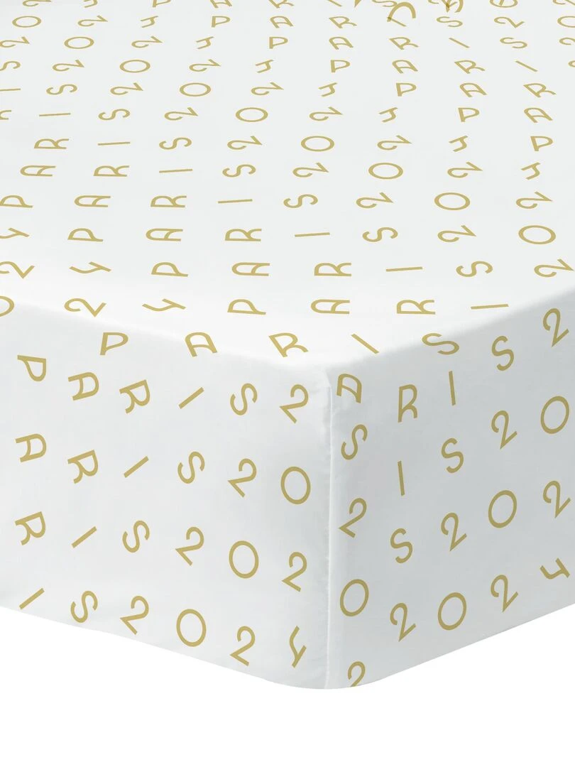 Drap housse imprimé 100% coton PARIS 2024 JEUX OLYMPIQUES LOGO Blanc
