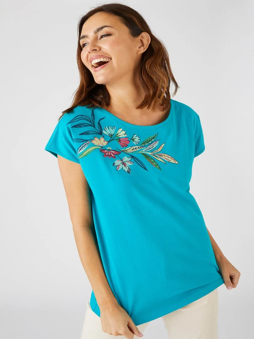 Tee shirt brodé coton biologique Damart Bleu turquoise