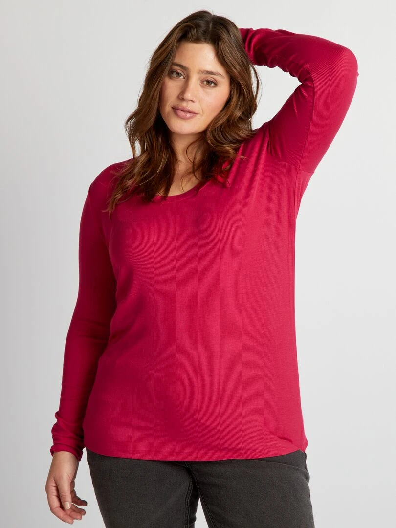 Tee shirt côtelé fluide et large encolure   Fuschia