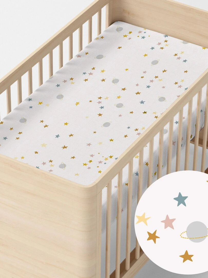 Drap housse Saturn Lit Bébé "Happyfriday" Blanc