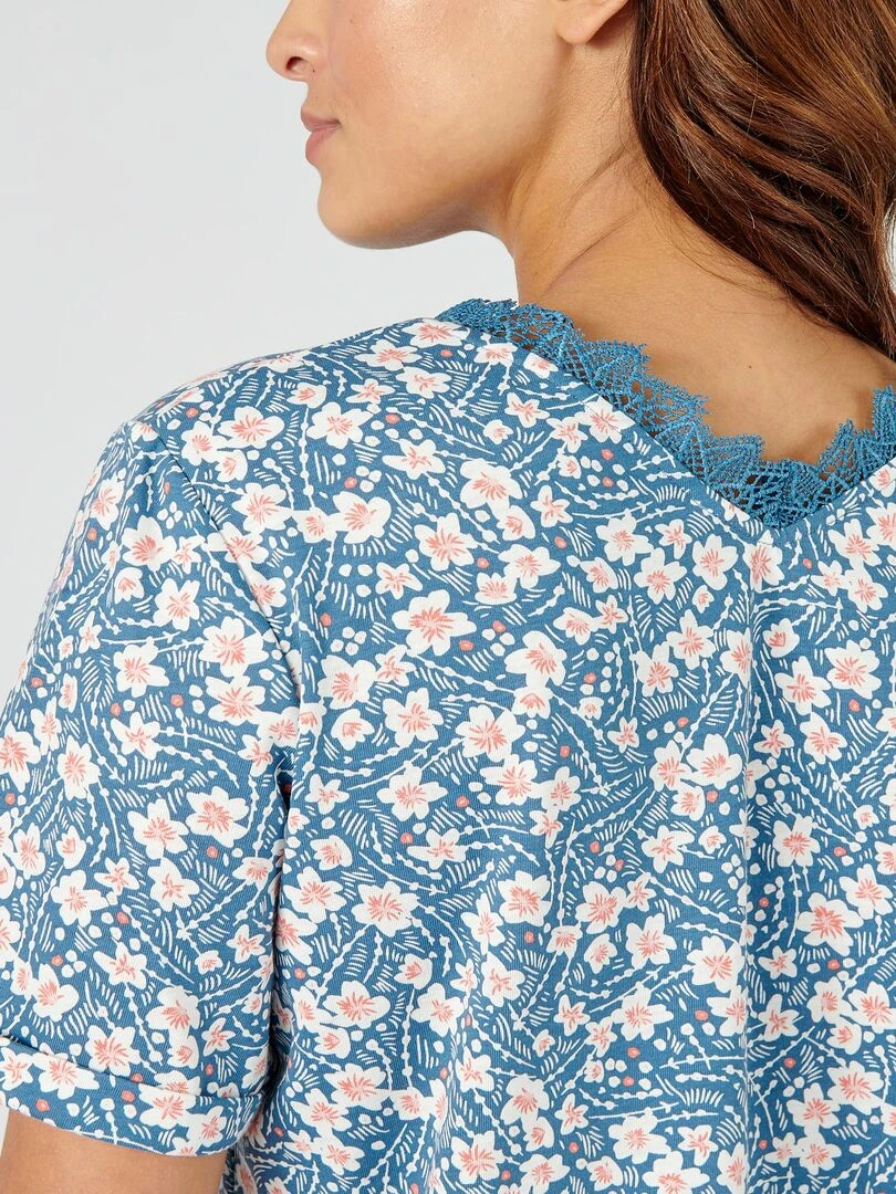 Tee shirt imprimé détails dentelle Damart Bleu