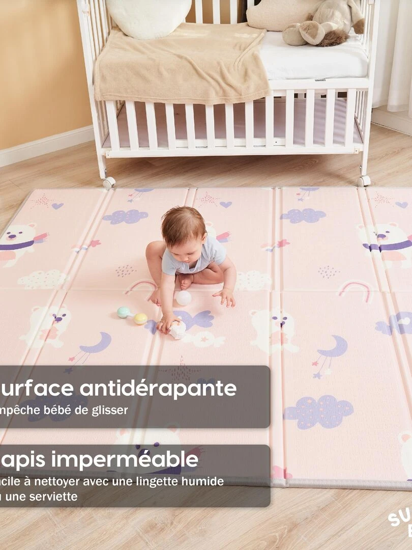 Tapis de Jeu en mousse  épais et pliable pour enfants   PINK PANDA XL   SUPERBE BEBE   Blanc Rose