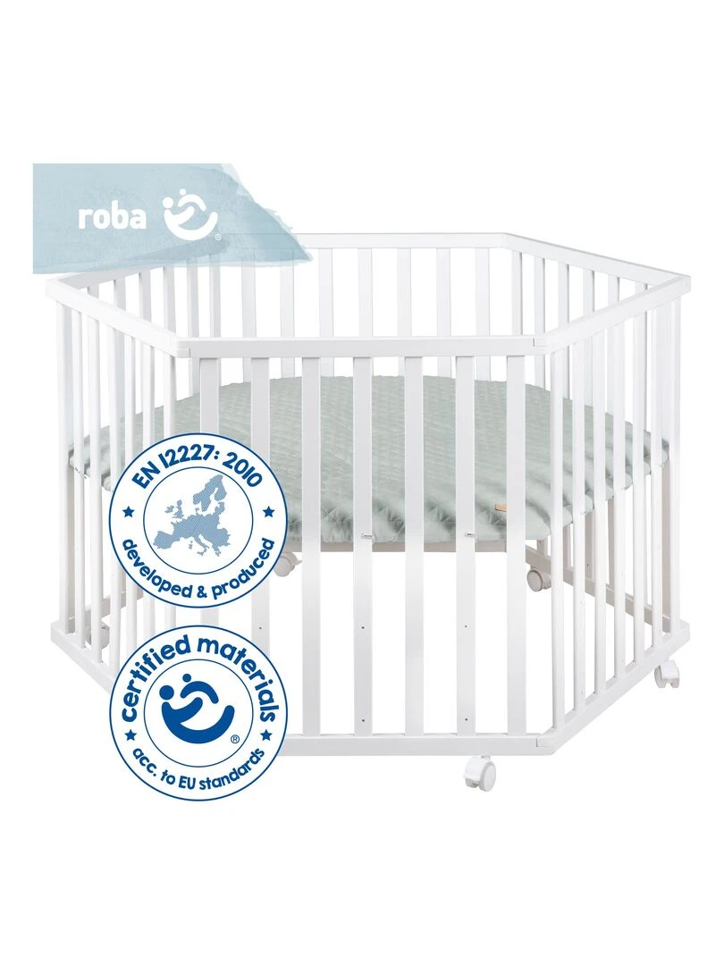 ROBA Parc Bébé Hexagonal ROBA Style + Tapis de Parc en Vert Givré   Bois Blanc   Blanc