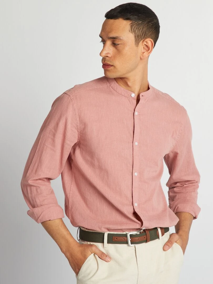 Chemise à col mao en lin mélangé   Rouge clair