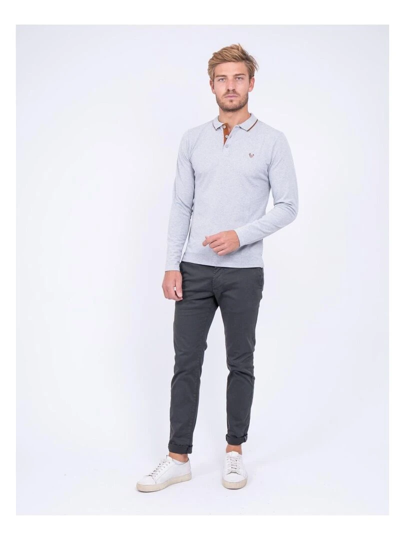 Polo manches longues pur coton PONDOR   Gris clair