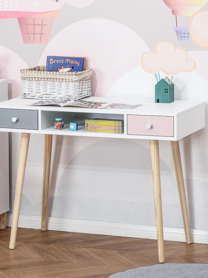 Bureau enfant style scandinave 2 tiroirs blanc MDF et pin Blanc