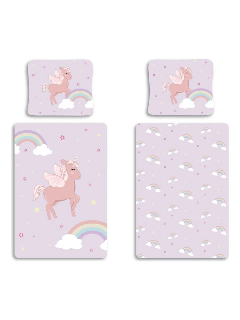 Parure de Lit Bébé Coton Réversible Licorne Arc Rose