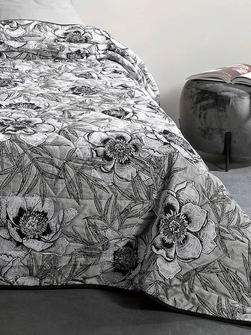 Jeté de lit aux impressions florales   Gris perle