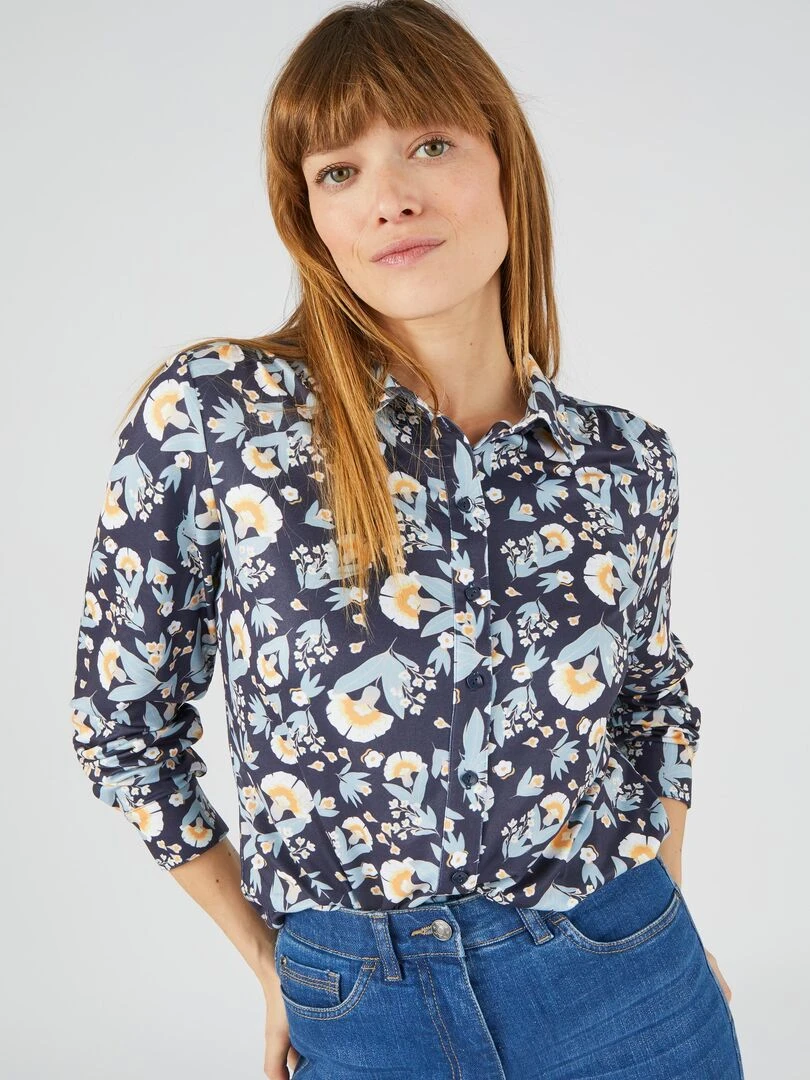 Chemisier maille chaude fleuri ou géométrique Damart Bleu marine