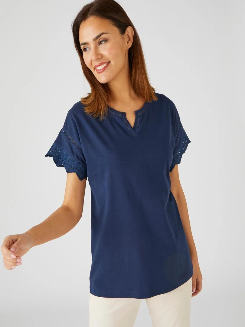T shirt broderies anglaises pur coton   Damart   Bleu marine