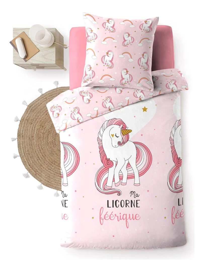 Parure housse de couette Licorne Feerique 140x200cm Rose