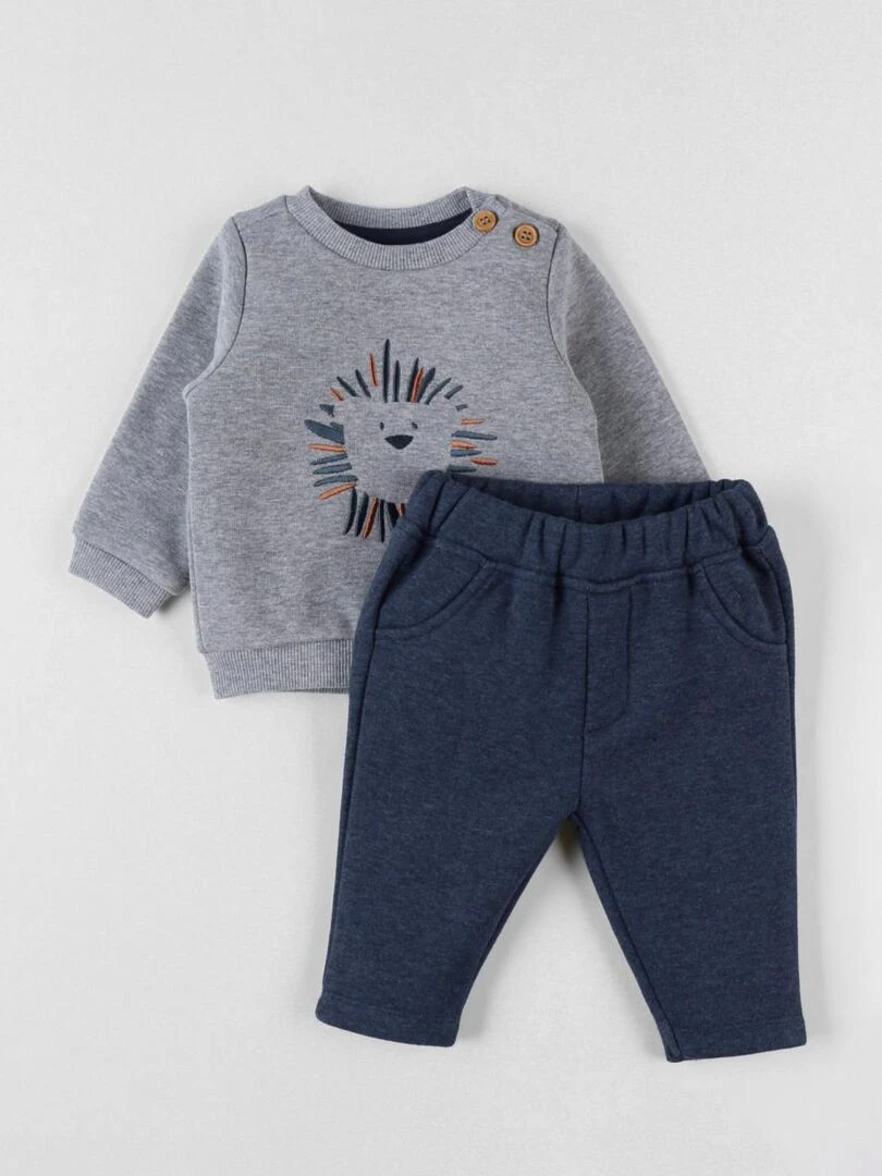 Set sweat brodé lion + jogging chiné/bleu chiné Noukie's Bleu
