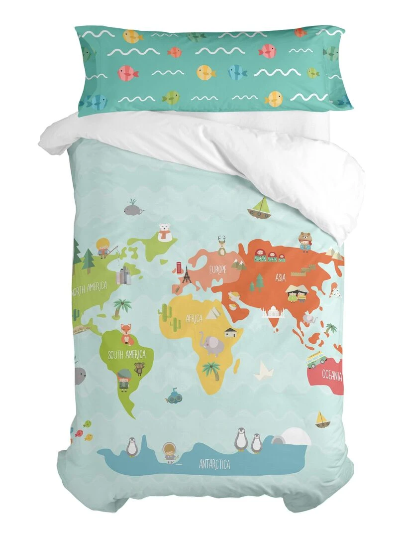 Parure housse de couette 2 pièces World map "Happyfriday"   Blanc