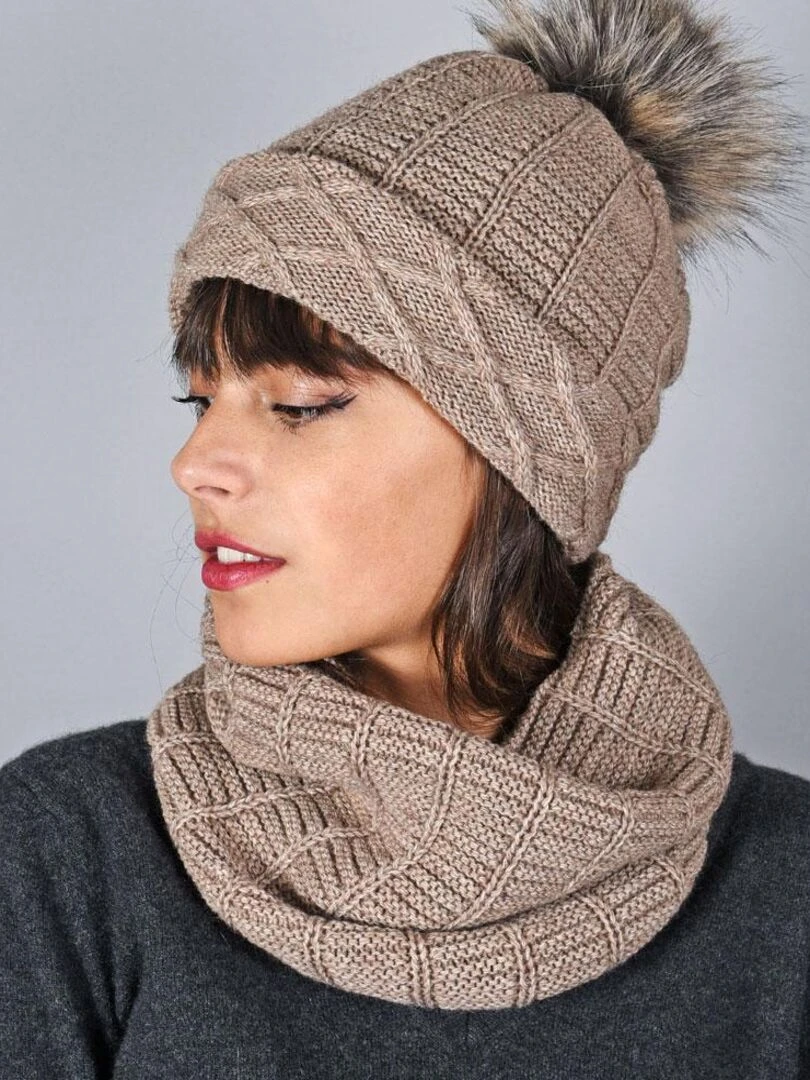 Ensemble Snood Bonnet Komin Made in UE Marron clair