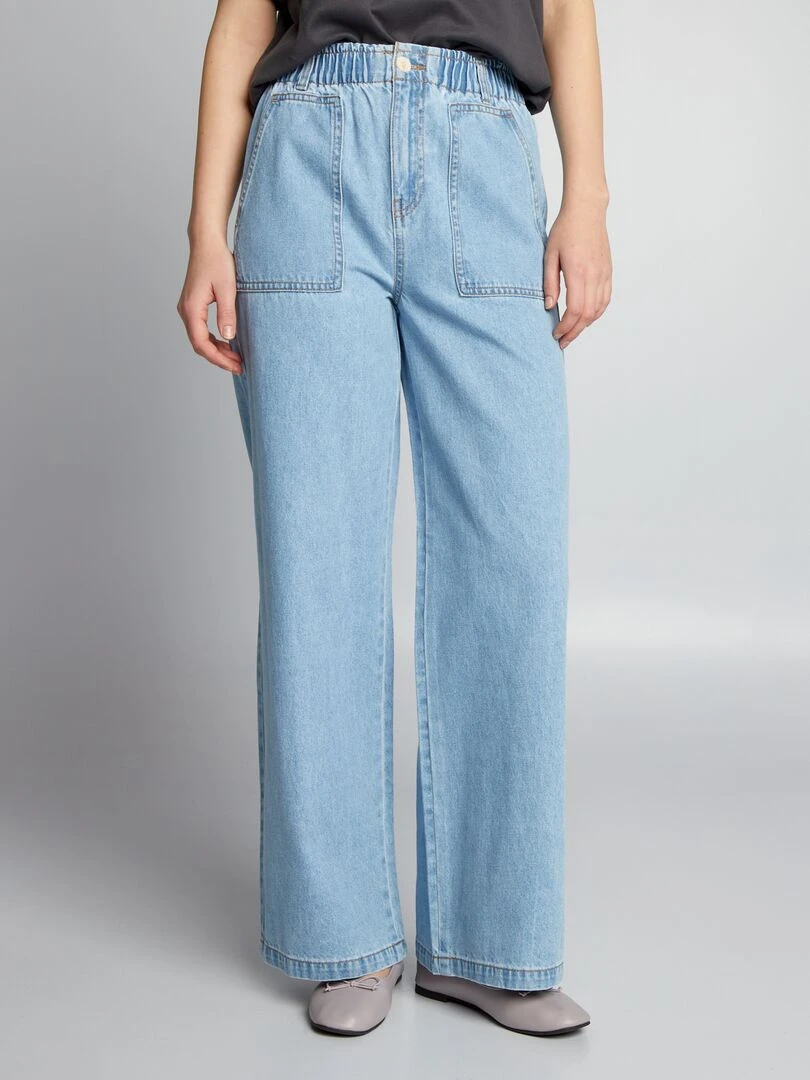 Pantalon denim wide leg à taille élastique   Triple stone