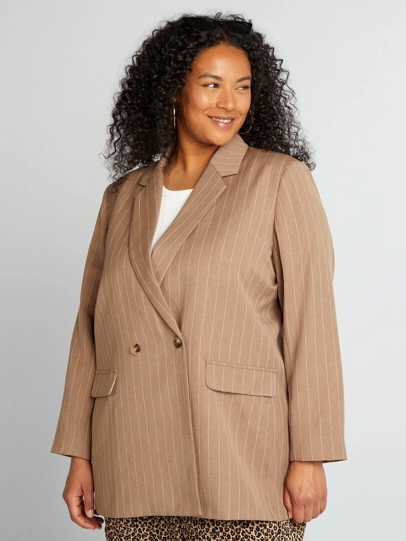 Veste tailleur mi longue rayée   Marron