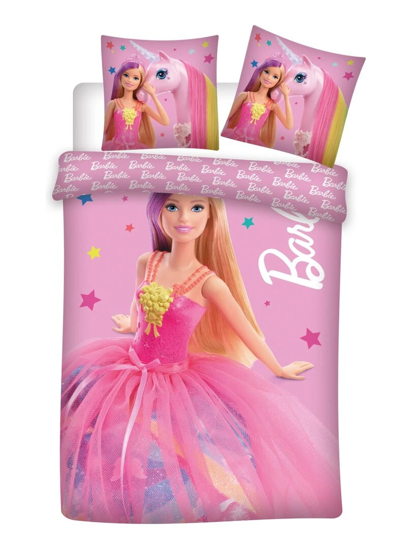 Parure de Lit Bébé Coton Réversible Barbie Licorne Rose