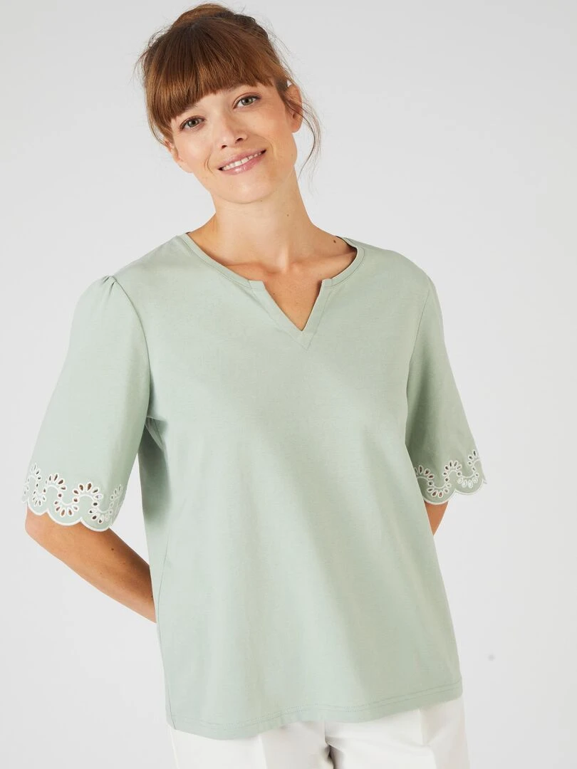 Tee shirt imprimé détails brodés. Damart Vert jade