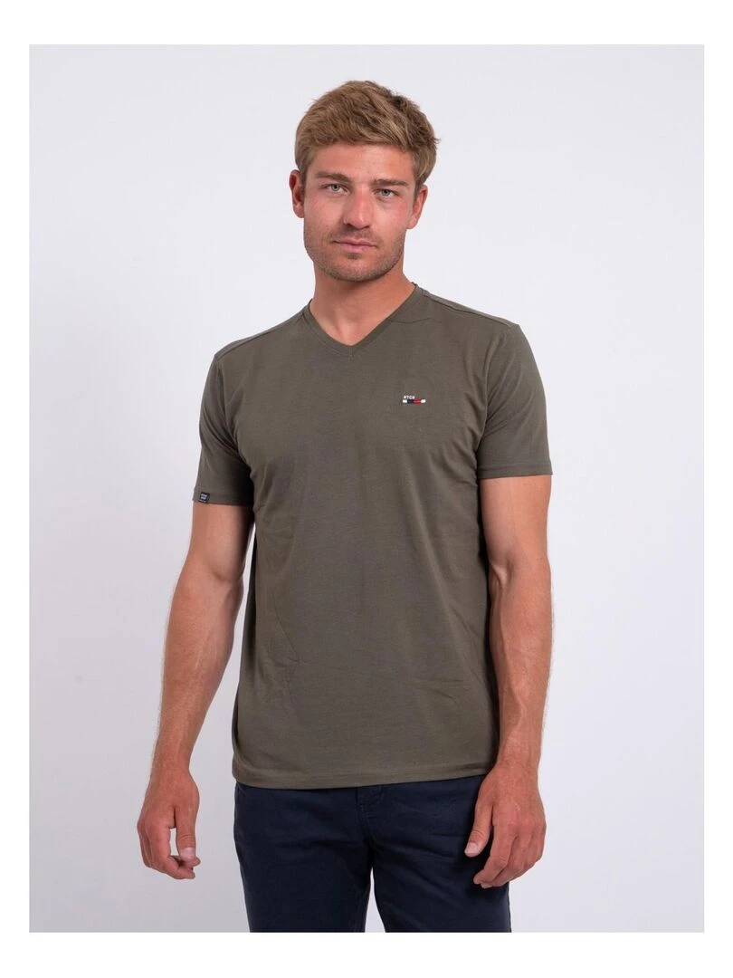 T shirt col V pur coton NERIJ Kaki