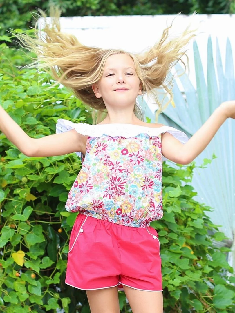 Combi Short Été Fille  Col Élastique Dentelle  Fleuri Rouge  LOLITA   'LA FAUTE A VOLTAIRE'   Blanc Rouge