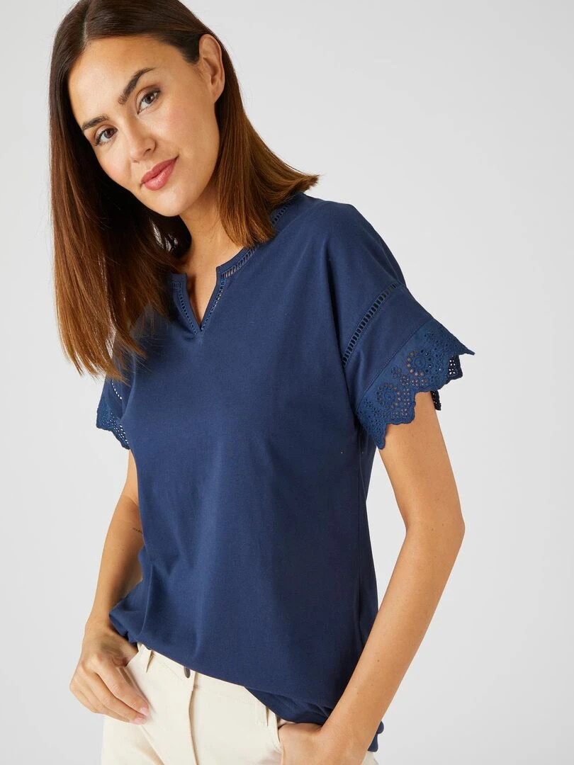 T shirt broderies anglaises pur coton Damart Bleu marine