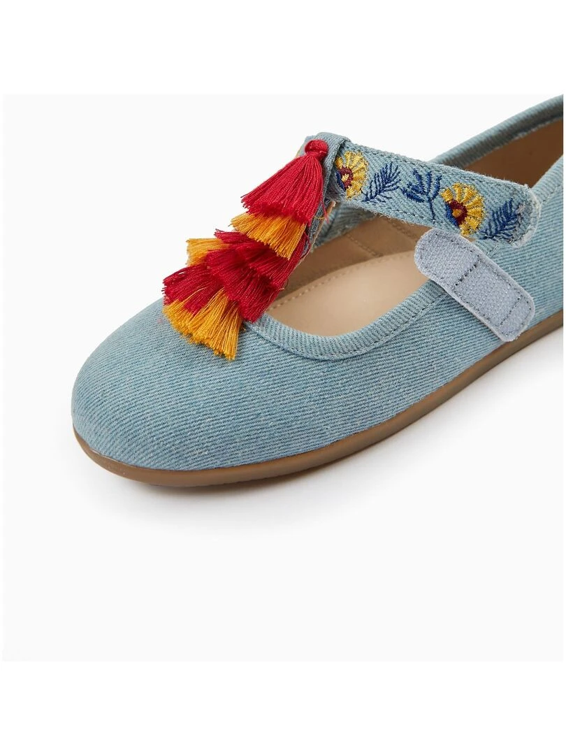 Ballerines en Denim avec Pampilles et Broderie Fille   JAIPUR   Bleu