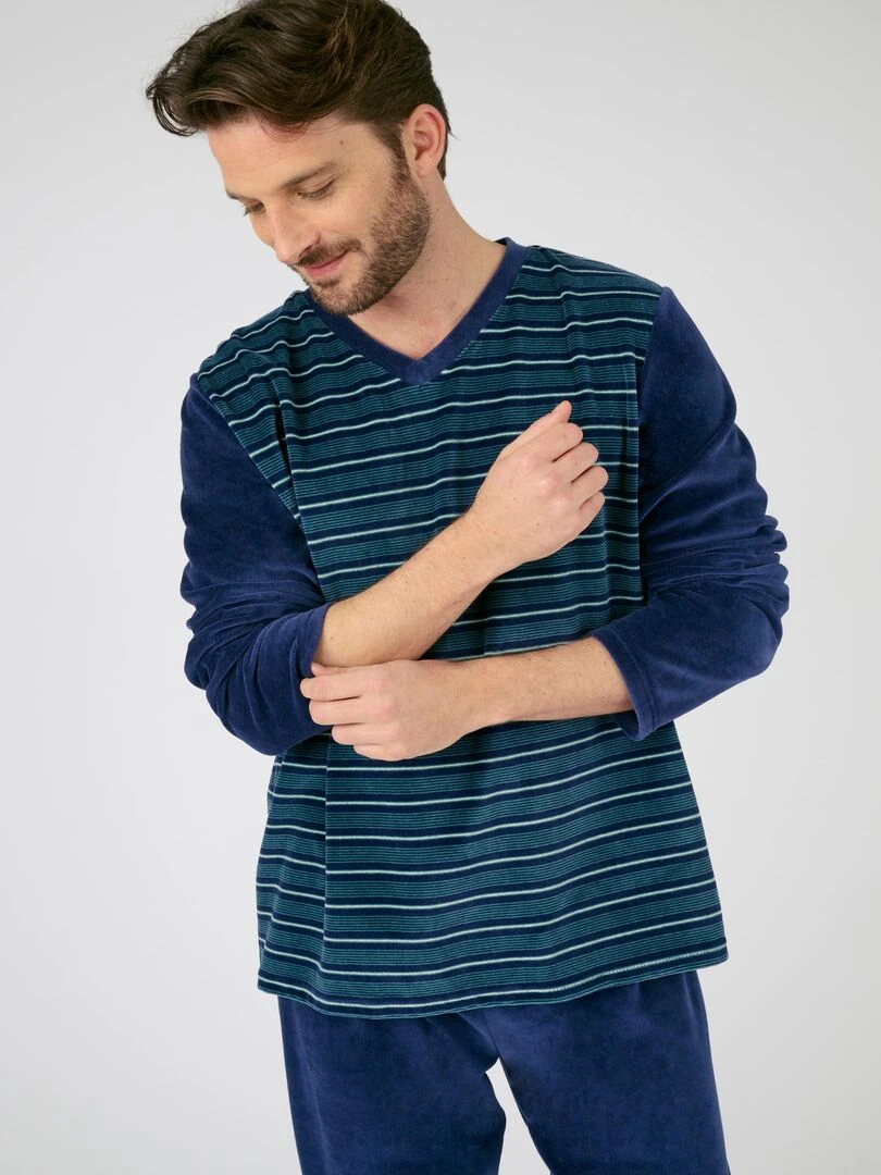 Pyjama velours rayé mélange coton   Damart   Bleu
