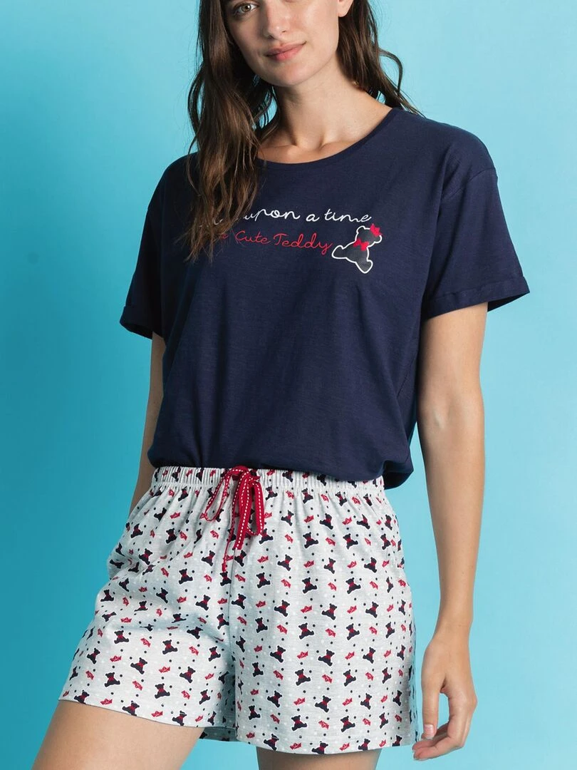 Pyjama short t shirt Cute Teddy   Bleu marine