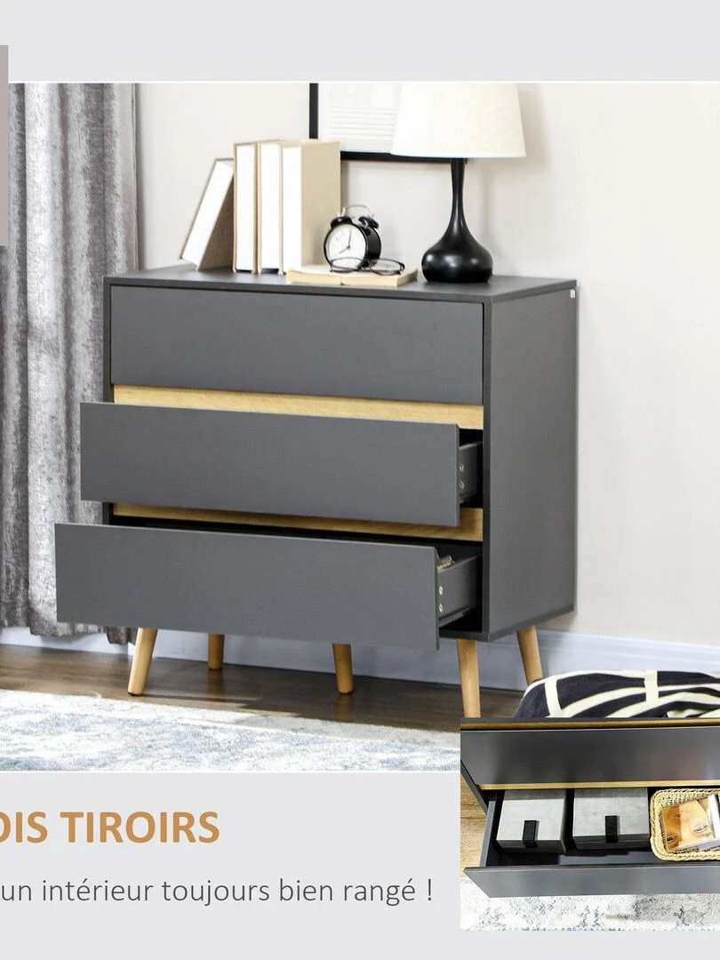 Commode 3 tiroirs design scandinave gris aspect bois clair   Gris