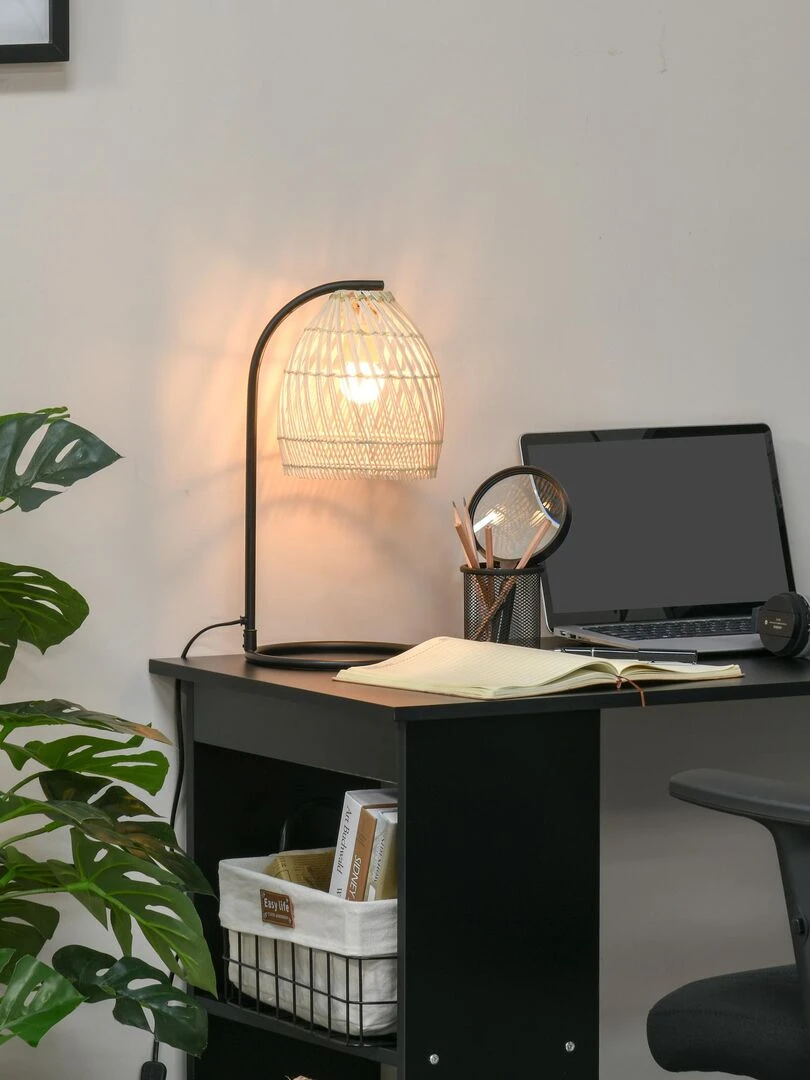 Lampe de table arquée style néo rétro rotin naturel métal noir Beige