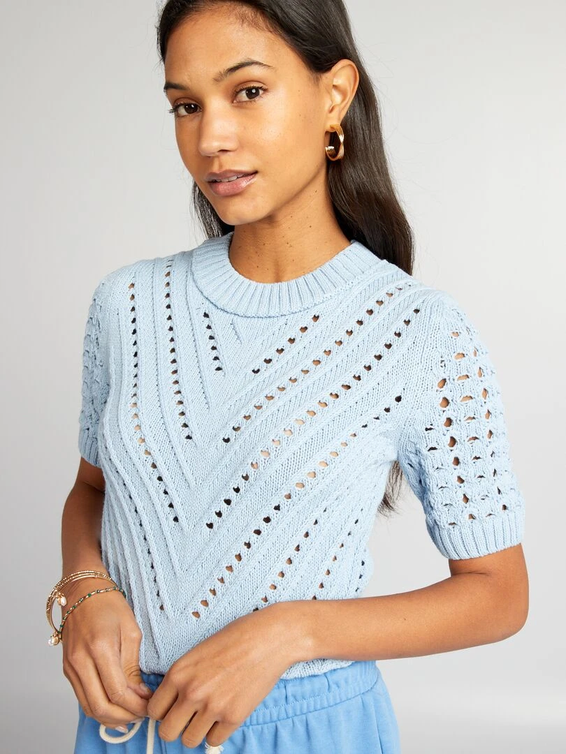 Pull en maille ajourée à manches courtes   Bleu