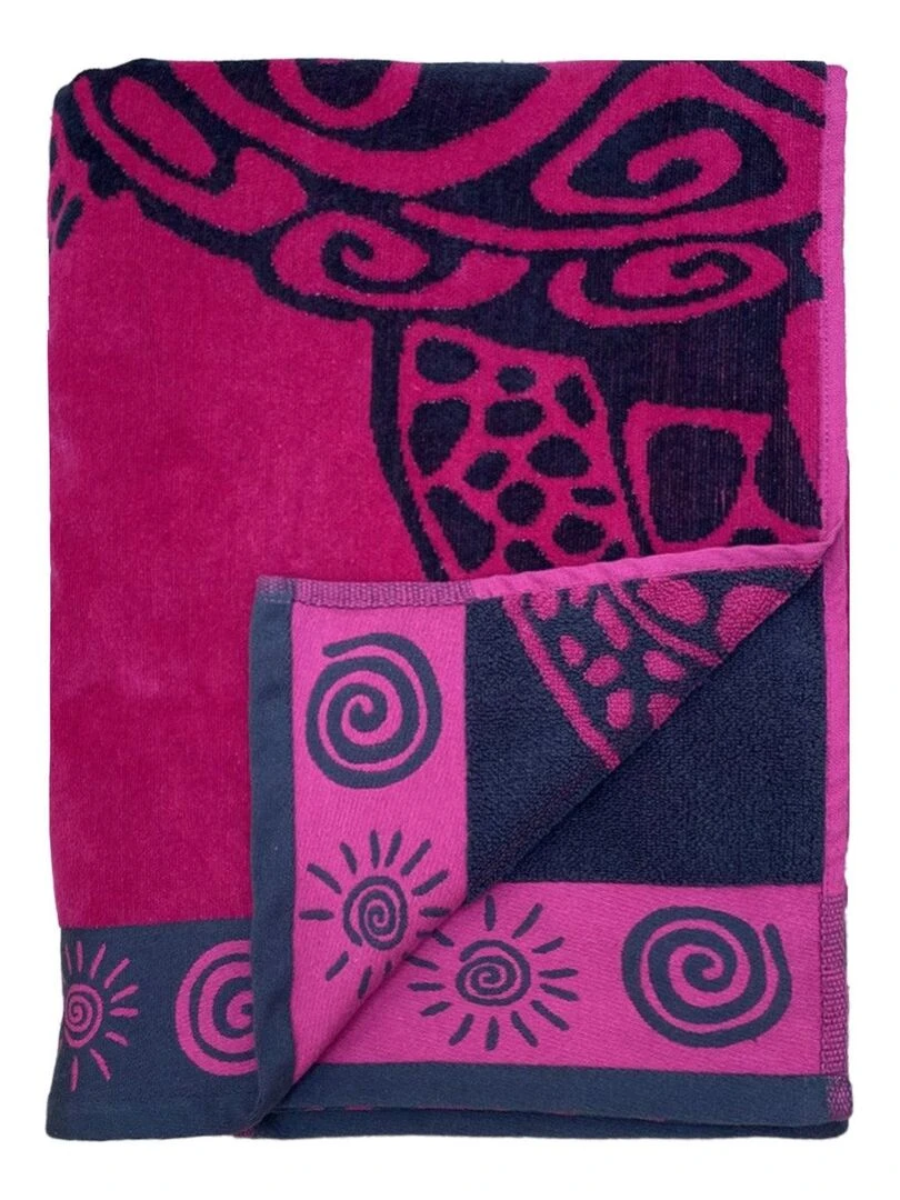 Serviette de plage éponge velours Jacquard Fuchsia Turtle L 100x175 470g/m²   Rose fushia