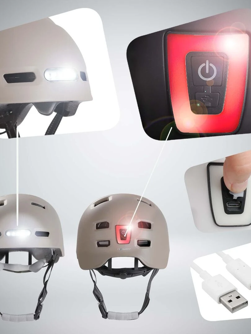 Casque Vélo Skater avec éclairage avant et arrière   Blanc Sable L(57 61cm)   Beige