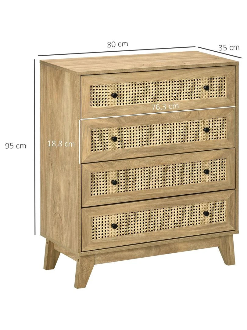 Commode 4 tiroirs style bohème rotin aspect bois manguier   Beige