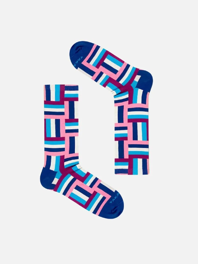 Chaussettes Takapara Rayées Tricolores Bleu Rose Blanc